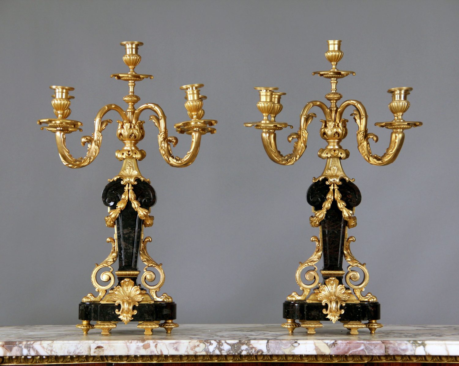 A Fine Pair of Late 19th Century Gilt Bronze and Marble Five Light ...