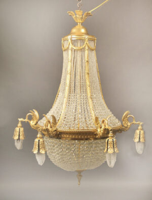 Late 19th/Early 20th Century Gilt Bronze Beaded Basket Twelve Light Chandelier
