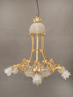 An Early 20th Century Gilt Bronze Beaded Basket Thirteen Light Chandelier