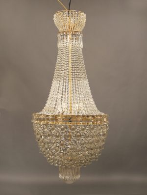 Late 19th/Early 20th Century Gilt Bronze and Beaded Eight Light Basket Chandelier