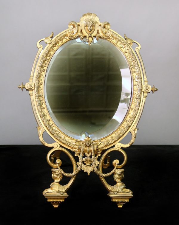 Oval Beveled Swiveling 19th Century Gilt Bronze Empire Style Dressing Table Mirror
