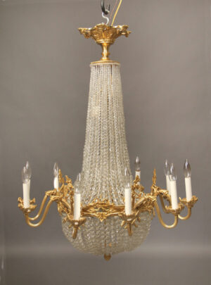 Late 19th Century Gilt Bronze and Beaded Crystal Basket Twenty Light Chandelier