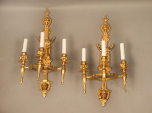 Pair of Late 19th Century Gilt Bronze Three Light Sconces