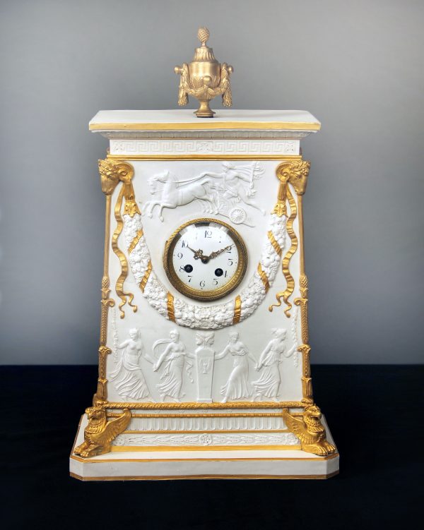 Late 19th Century Gilt Bronze Mounted Parcel-Gilt and Biscuit Porcelain Mantle Clock with Apollo