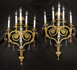 Gilt bronze and French crystal 5 light sconces