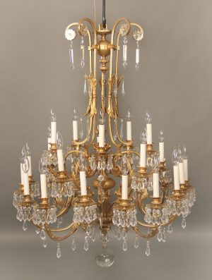 Fine Early 20th Century Gilt Bronze & Drop Crystal Twenty Five Light Chandelier