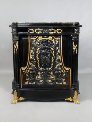 A Wonderful Late 19th Century Napoleon III Gilt Bronze Mounted Carved Ebonized Cabinet By Lanneau