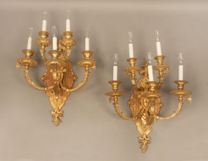 A Pair of Late 19th Century Gilt Bronze Five Light Sconces