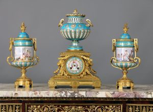 Late 19th Century Gilt Bronze and Turquoise Sèvres Style Porcelain 'Jeweled' Three Piece Clock Set