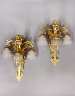 An Interesting Pair of Late 19th Century Gilt Bronze Three Light Dragon Sconces