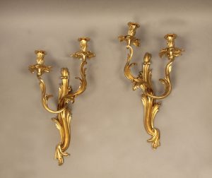 A Pair of Late 19th Century Louis XV Style Gilt Bronze Two Light Sconces