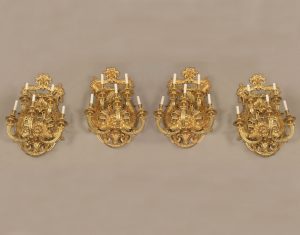 A Fine Set of 4 Important Late 19th Century Gilt Bronze Five Light Sconces