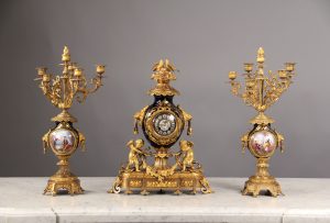 Late 19th Century Gilt Bronze Mounted Three Piece Cobalt Blue Sèvres Style Clock Set