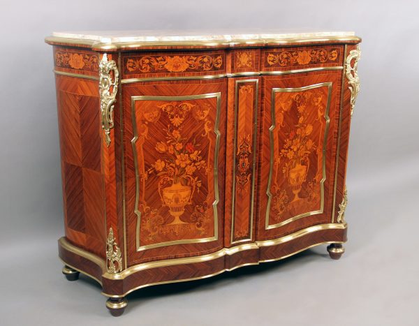 19th Century Gilt Bronze Mounted Inlaid Marquetry Cabinet with Marble Top