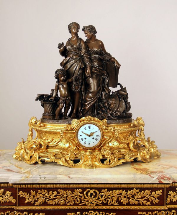 Late 19th Century Gilt and Patinated Bronze Figural Mantle Clock
