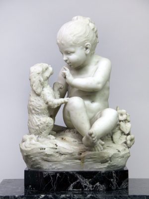 A Fine Late 19th Century Italian White Carrara Marble of a Child and Dog