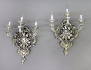 A Very Fine Pair of Late 19th Century Silvered Bronze Three Light Sconces