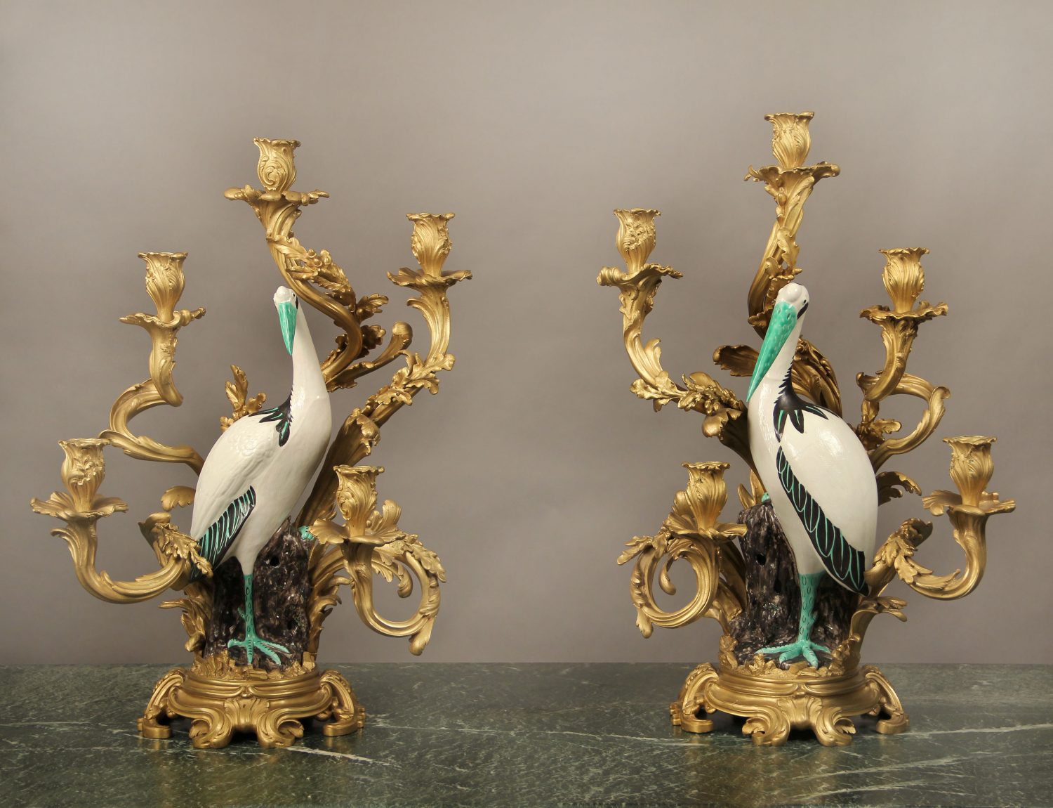 Lovely & Impressive Pair of Continental Gilt Bronze Mounted Porcelain Five Light Candelabra
