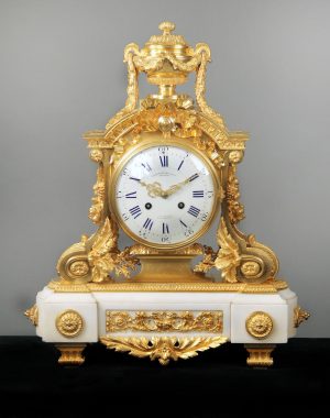 19th Century Bronze Mounted White Marble Mantle Clock with Laurel Leaves by Charpentier & Compagnie