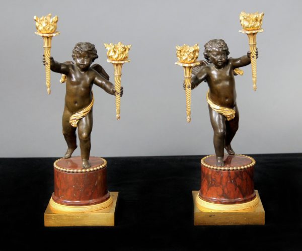 Pair of Late 19th Century French Antique - Gilt & Patinated Bronze Two Light Candelabra