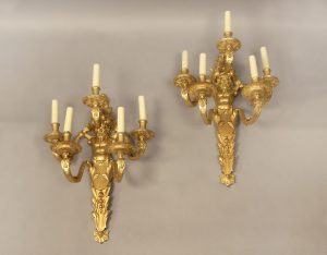 A Great Pair of Late 19th Century Gilt Bronze Five Light Sconces By Henry Dasson