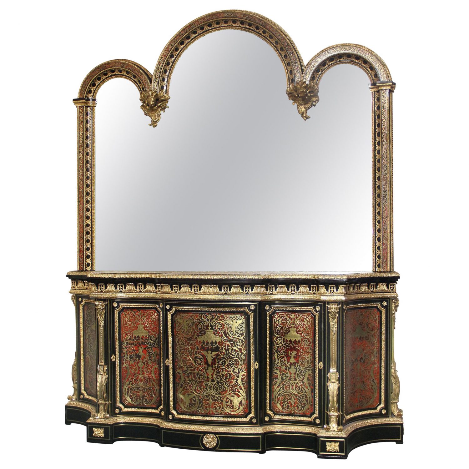 Mid to late 19th century Gilt bronze mounted ebony, red tortoiseshell and designed brass Boulle style cabinet with mirror.
