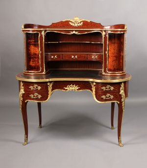 A Rare and Very Special Late 19th Century Louis XV Style Gilt Bronze Mounted Two Tier Kidney Shaped Bureau By François Linke