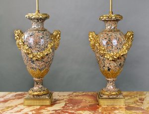 A Fine Pair of Late 19th Century Gilt Bronze Mounted Granite Lamps