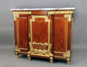 A Rare and Palatial Late 19th Century Gilt Bronze Mounted Louis XVI Style Marquetry and Parquetry Cabinet