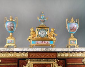 A Wonderful and Important Mid 19th Century Gilt Bronze and Turquoise Sèvres Porcelain 'Jeweled' Three Piece Clock Set