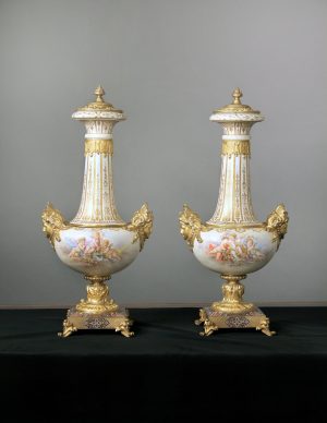 A Beautiful Pair of Late 19th Century Gilt Bronze and Champlevé Enamel Mounted White Sèvres Style Vases