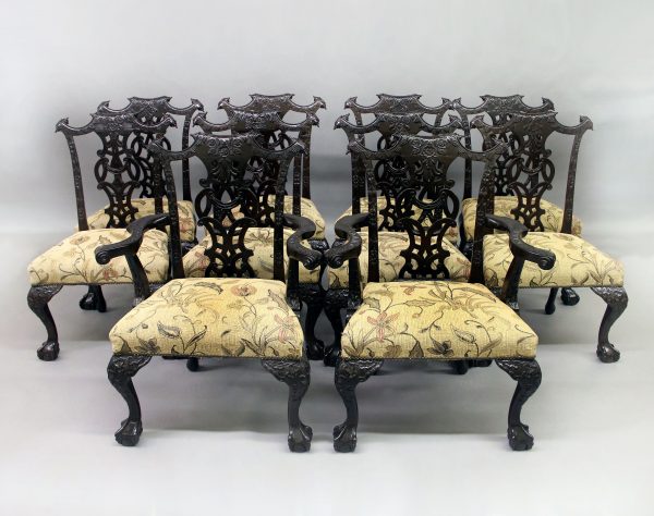 Fine set of 10 late 19th century Chippendale style dining chairs.