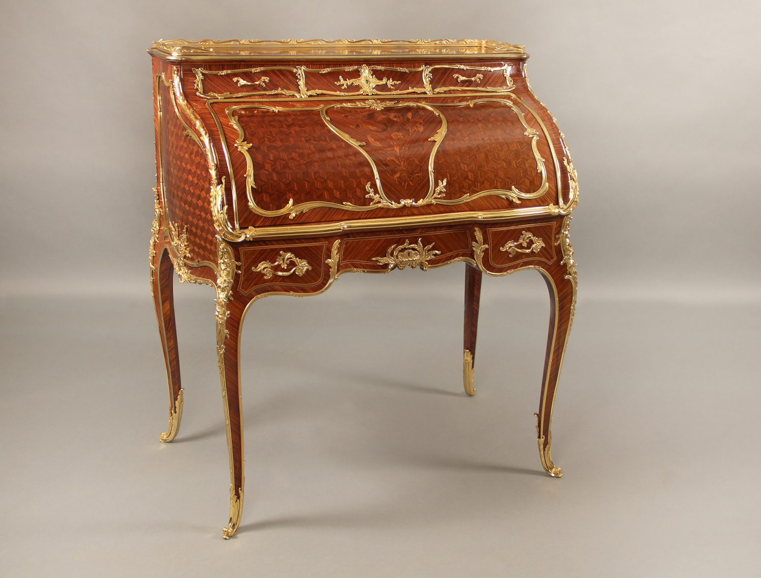 19th Century Louis XV Style Marquetry and Parquetry Bureau a Cylindre