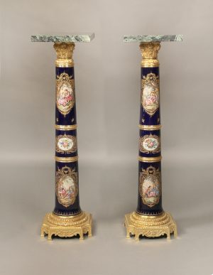 A Beautiful Pair of Late 19th Century Gilt Bronze Mounted Marble and Sèvres Style Pedestals