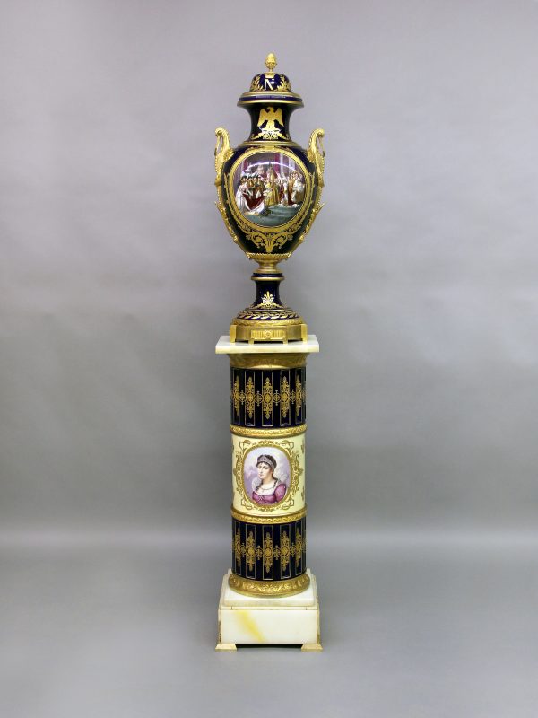 Rare 19th Century Antique Gilt Bronze Mounted Sèvres Style Napoleon Vase with Matching Pedestal