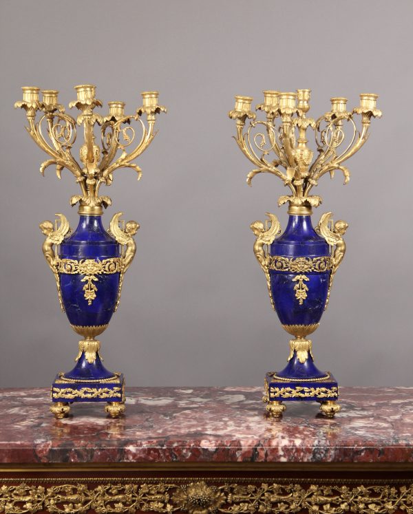 Fantastic Pair of Late 19th Century French Antique - Gilt Bronze & Lapis Lazuli Six Light Candelabra