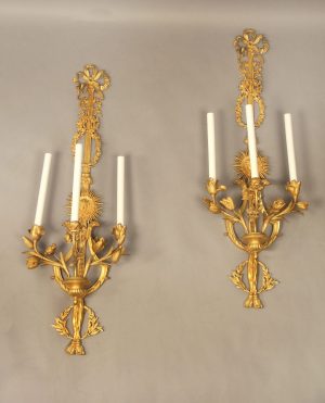 An Exceptional Pair of Late 19th Century Louis XVI Style Gilt Bronze Three Light Sconces