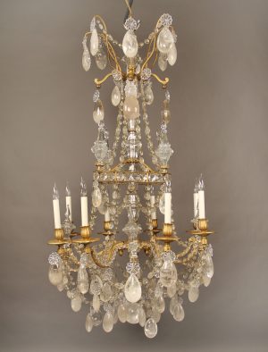 A Lovely Late 19th Century Gilt Bronze and Rock Crystal Eight Light Chandelier