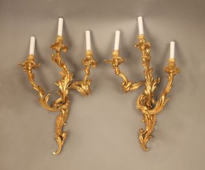 A Nice Pair of Late 19th Century Louis XV Style Gilt Bronze Three Light Sconces