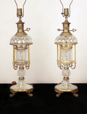 A Nice Pair of Late 19th Century Gilt Bronze and French Crystal Lamps