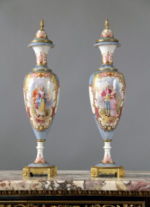 A Pair of Late 19th Century Bronze Mounted Sèvres Style Iridescent Vases