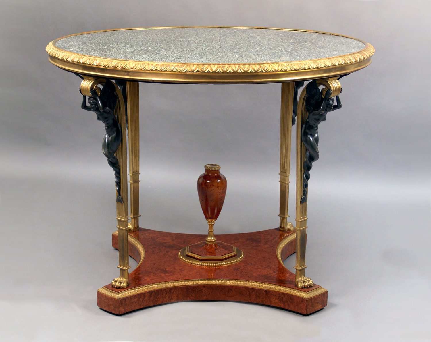 Gilt and painted bronze amboyna center table
