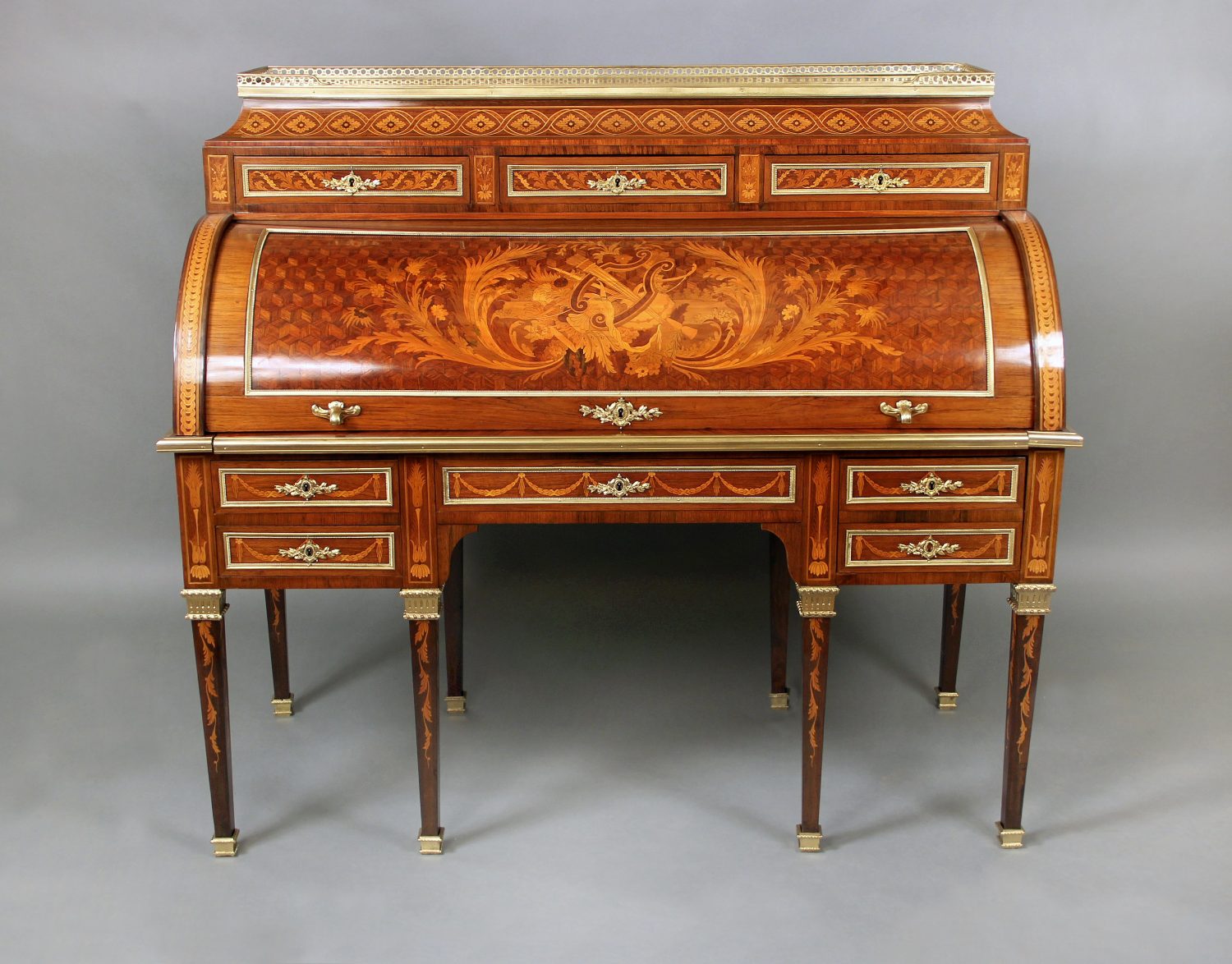 19th Century Antique Desk with Rectangle Top and Pierced Three Quarter Gallery and Three Drawers