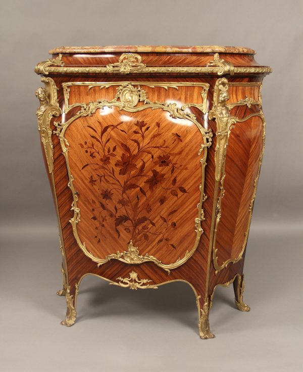 19th Century Antique Bronze Mounted Marquetry Kingwood Cabinet with Marble Top by Joseph Zwiener