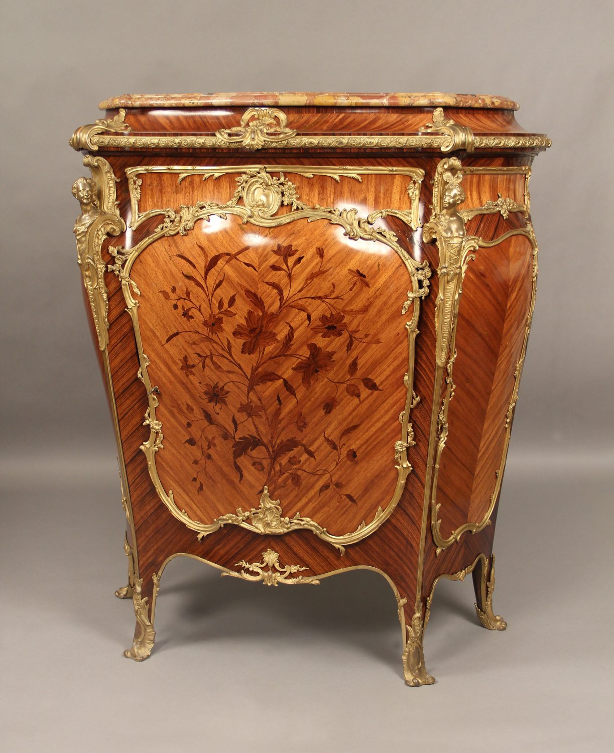 19th Century Antique Bronze Mounted Marquetry Kingwood Cabinet with Marble Top by Joseph Zwiener