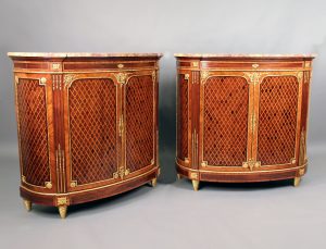An Exceptional Pair of Late 19th Century Louis XVI Style Gilt Bronze Mounted Parquetry Cabinets
