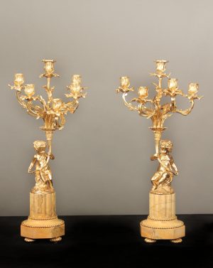 A Pair of Early 20th Century Gilt Bronze and Marble Six Light Candelabra