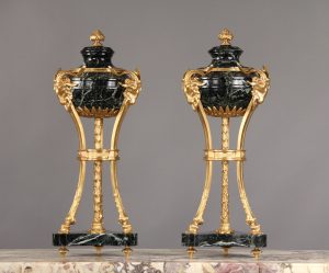 A Pair of Late 19th Century Gilt Bronze Mounted Verde Antico Marble Cassolettes