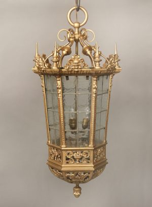 An Interesting Late 19th Century Gilt Bronze and Rippled Glass Gothic Lantern