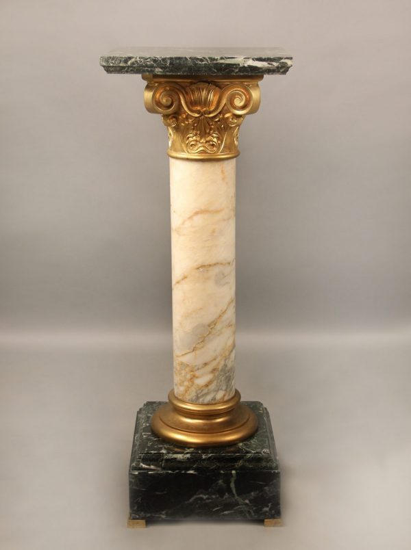 19th Century Gilt Bronze Mounted Green and White Marble Pedestal with Square Top and Stepped Base